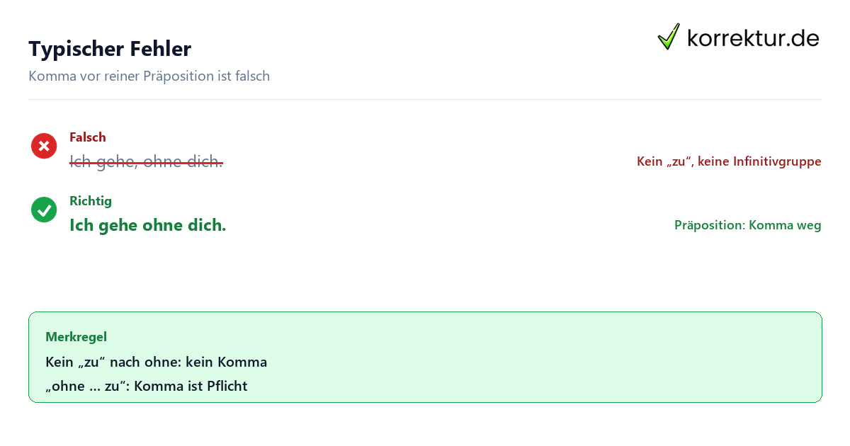 Häufiger Fehler beim Komma vor ohne mit Korrektur