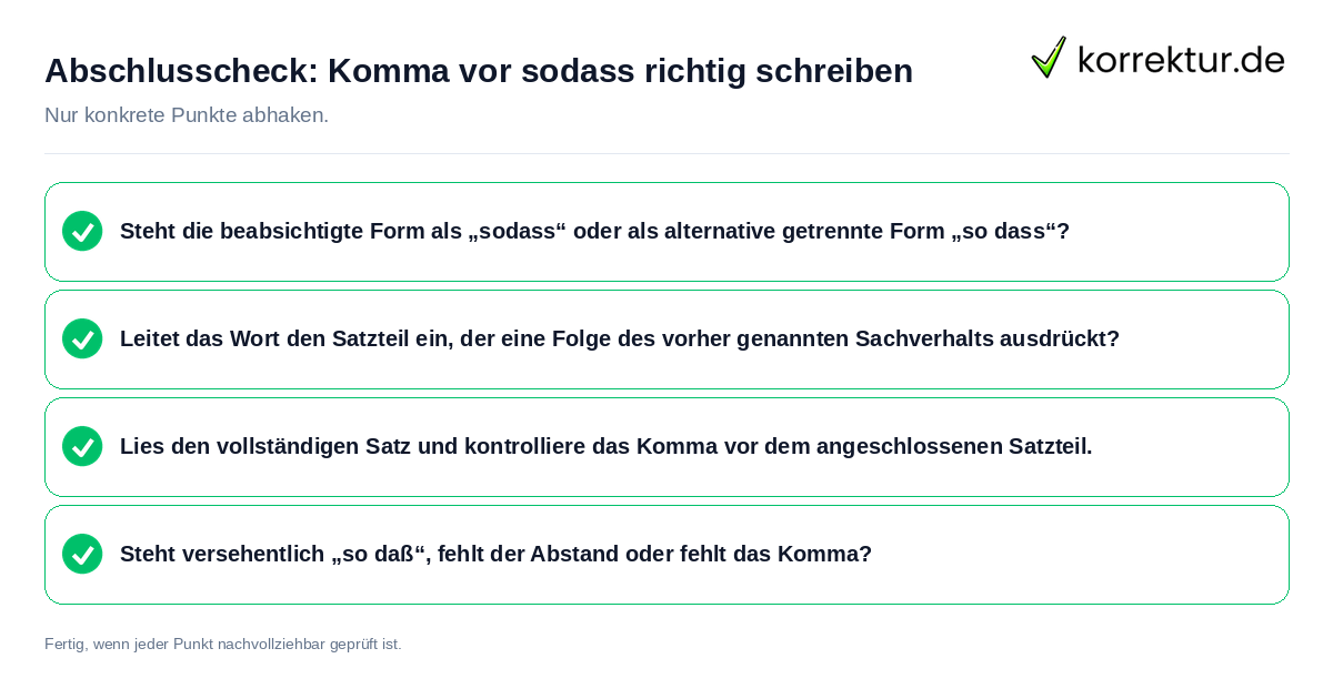Abschlusscheck: Komma vor sodass richtig schreiben Konkreter Abschlusscheck zu Komma vor sodass richtig schreiben