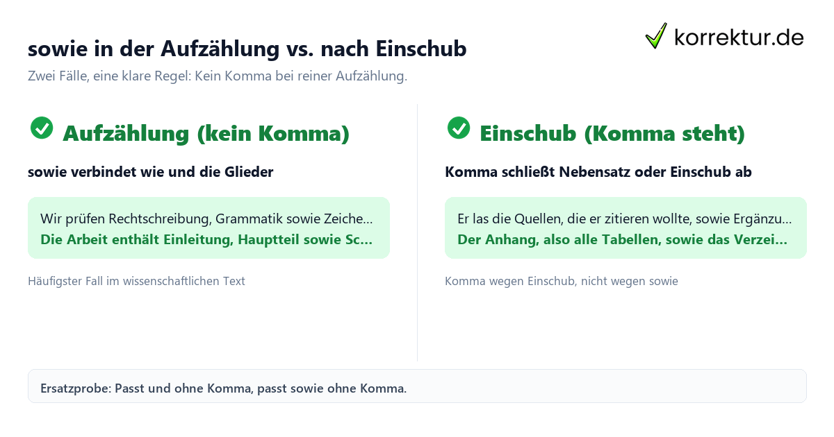Komma vor sowie: Aufzählung ohne Komma versus Einschub mit Komma