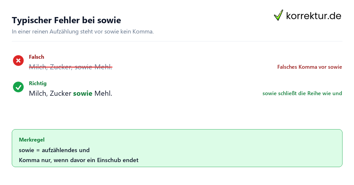 Typischer Fehler bei sowie Komma vor sowie: typischer Fehler in einer Aufzählung mit Korrektur