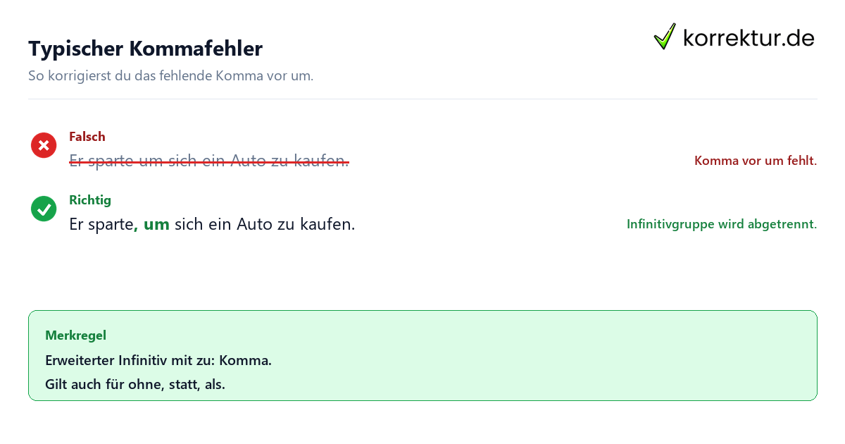Typischer Kommafehler Komma vor um zu Beispiel Rotstift Korrektur
