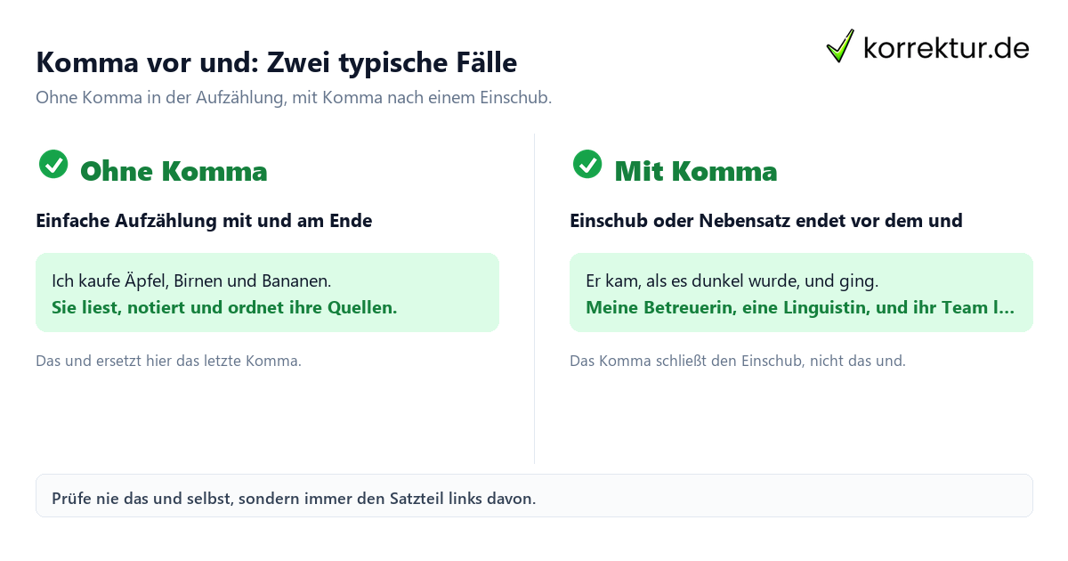 Komma vor und: Aufzählung ohne Komma versus Einschub mit Komma