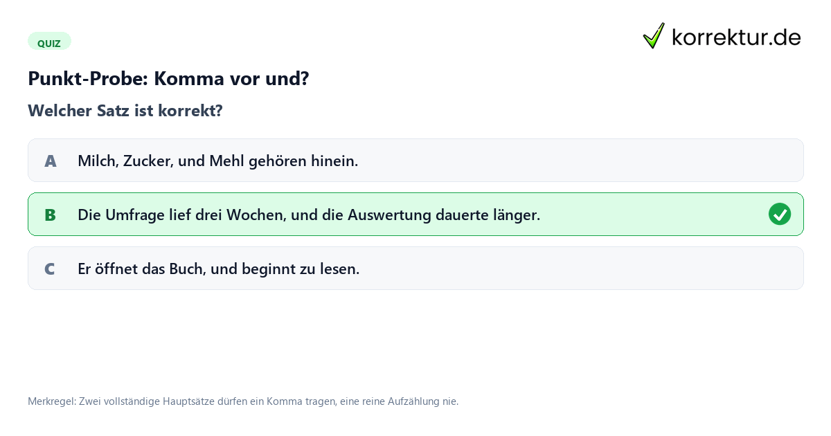 Punkt-Probe: Komma vor und? Quiz zum Komma vor und mit Punkt-Probe