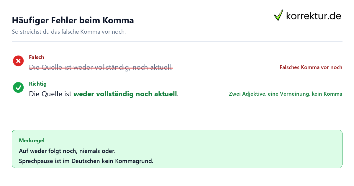 Häufiger Fehler beim Komma Komma bei weder noch, typischer Fehler und Korrektur