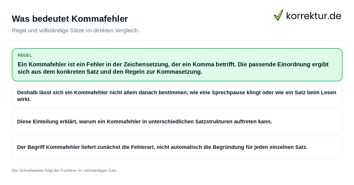 Konkrete Regel und vollständige Beispielsätze zu Was bedeutet Kommafehler