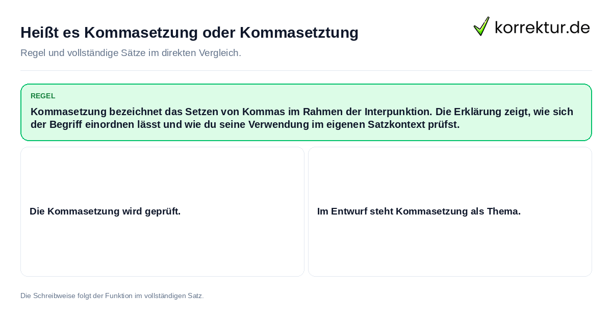 Konkrete Regel und vollständige Beispielsätze zu Heißt es Kommasetzung oder Kommasetztung