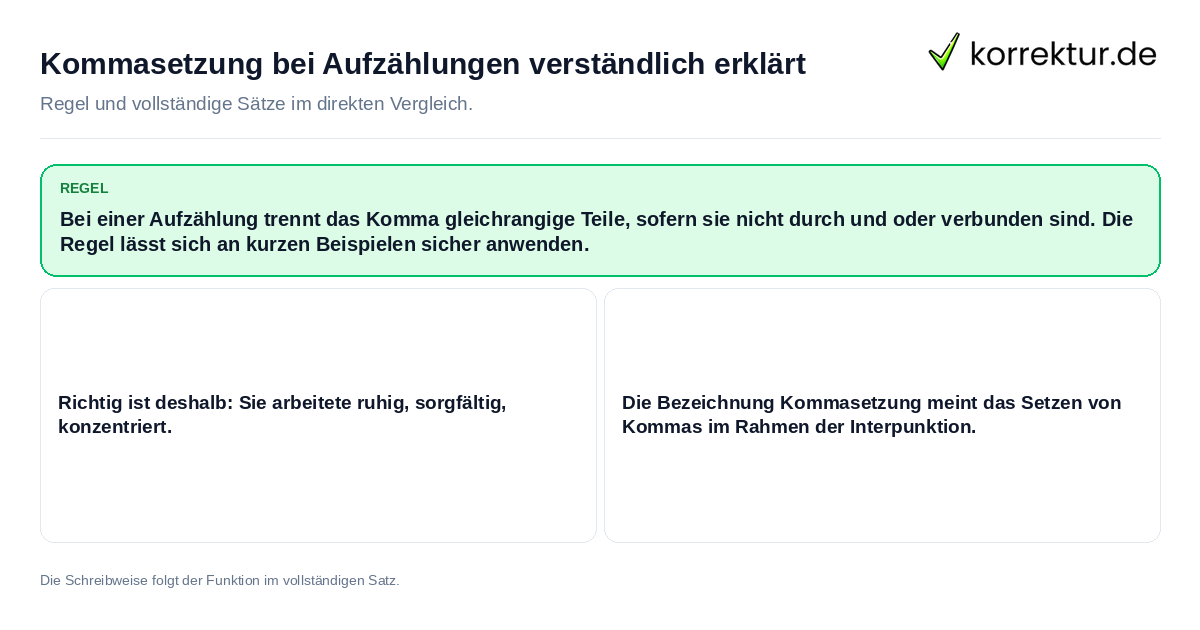 Kommasetzung bei Aufzählungen verständlich erklärt Konkrete Regel und vollständige Beispielsätze zu Kommasetzung bei Aufzählungen verständlich erklärt