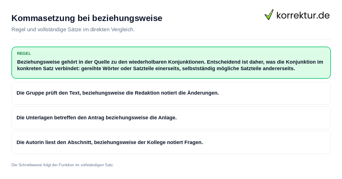 Kommasetzung bei beziehungsweise Konkrete Regel und vollständige Beispielsätze zu Kommasetzung bei beziehungsweise