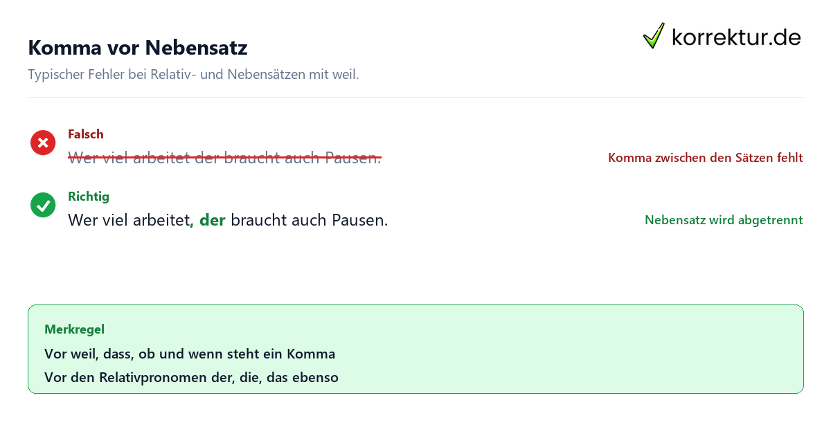Komma vor Nebensatz Kommasetzung online mit KI prüfen kostenlos Beispiel