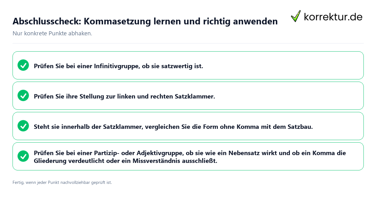 Konkreter Abschlusscheck zu Kommasetzung lernen und richtig anwenden
