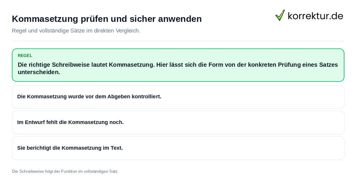 Konkrete Regel und vollständige Beispielsätze zu Kommasetzung prüfen und sicher anwenden