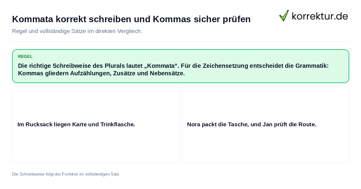 Kommata korrekt schreiben und Kommas sicher prüfen Konkrete Regel und vollständige Beispielsätze zu Kommata korrekt schreiben und Kommas sicher prüfen