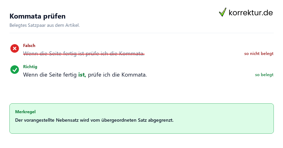 Falsches und richtiges Satzbeispiel zu Kommata prüfen