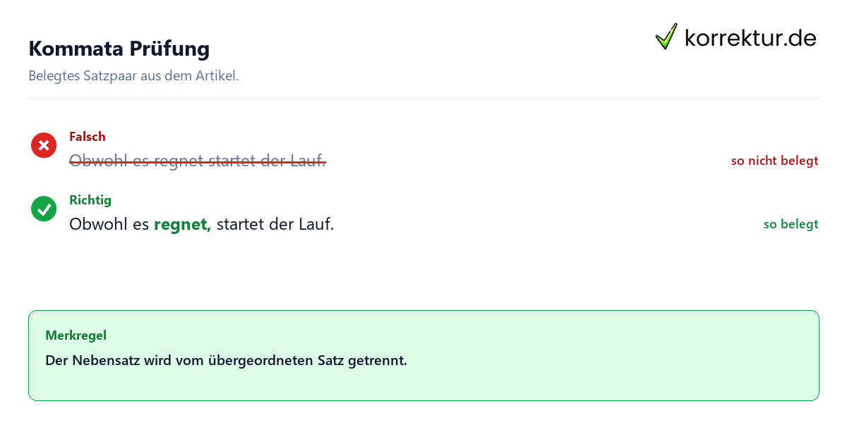Falsches und richtiges Satzbeispiel zu Kommata Prüfung