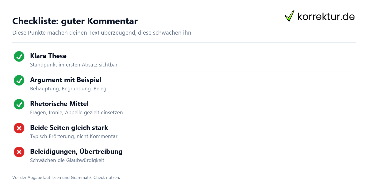Checkliste: guter Kommentar Kommentar schreiben: Checkliste für starke Argumente und Sprache