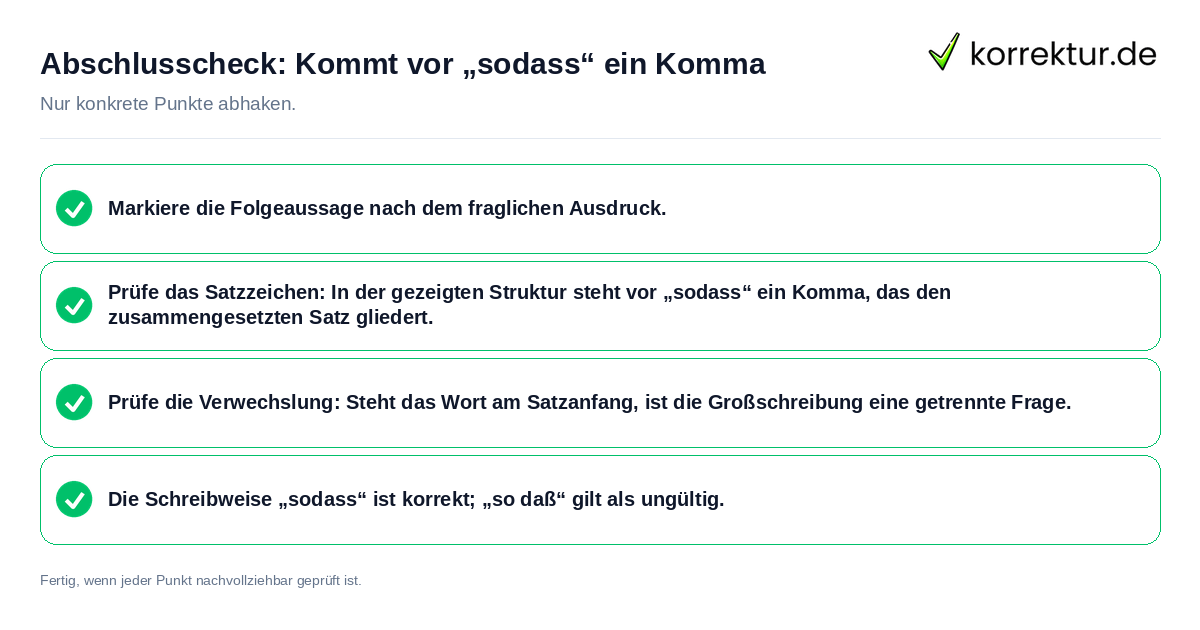 Konkreter Abschlusscheck zu Kommt vor „sodass“ ein Komma