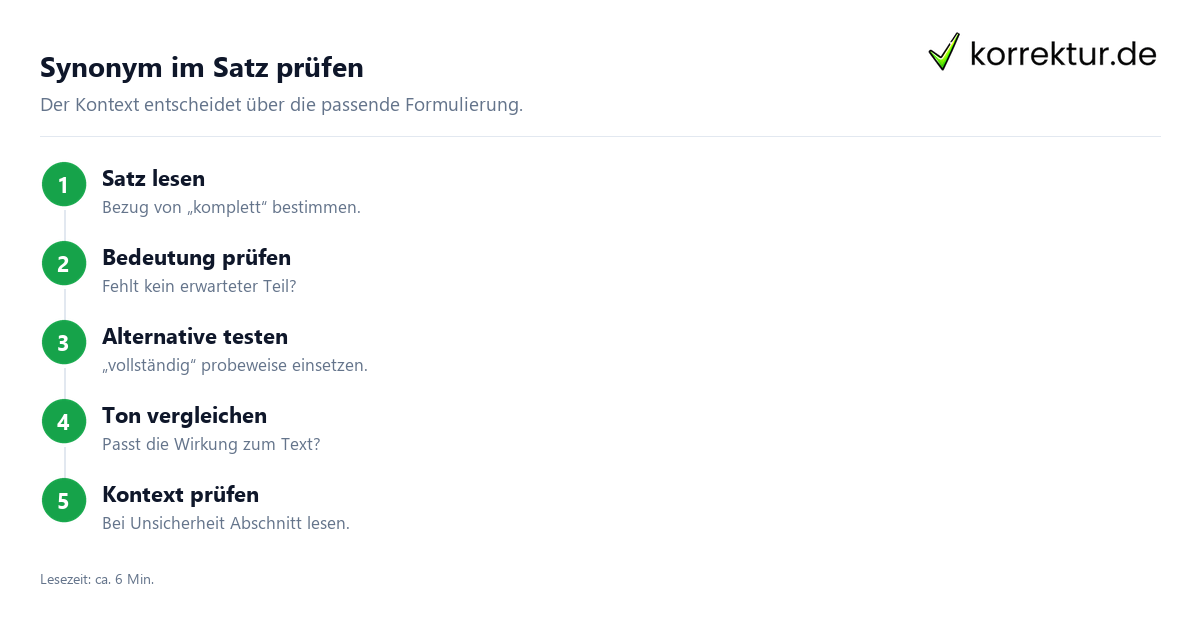 Synonyme für „komplett“ im richtigen Kontext prüfen: vier Schritte