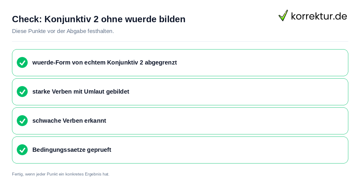 Check: Konjunktiv 2 ohne würde bilden Konjunktiv 2 ohne würde bilden: Prüfliste mit vier Punkten