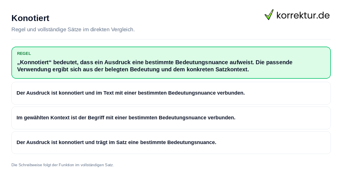 Konkrete Regel und vollständige Beispielsätze zu Konotiert