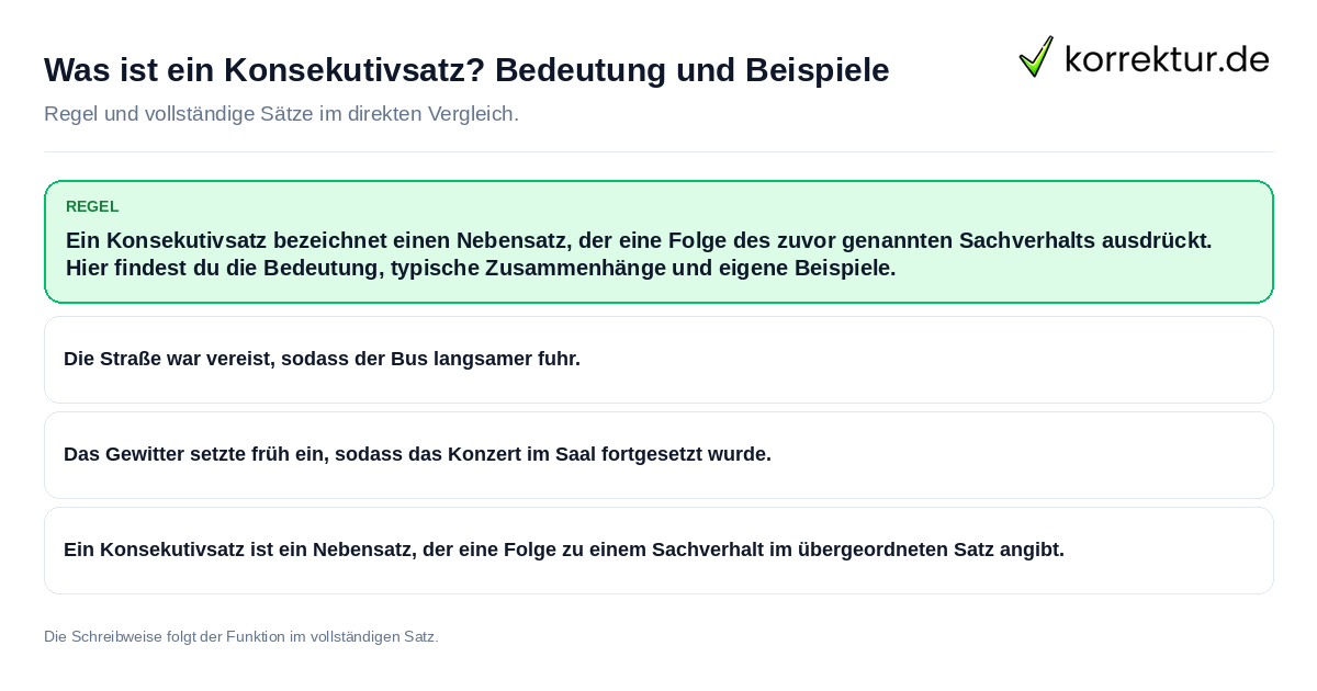 Konkrete Regel und vollständige Beispielsätze zu Was ist ein Konsekutivsatz? Bedeutung und Beispiele