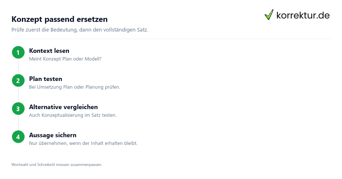 Konzept passend ersetzen Synonyme für Konzept passend verwenden: Bedeutung im Satz prüfen