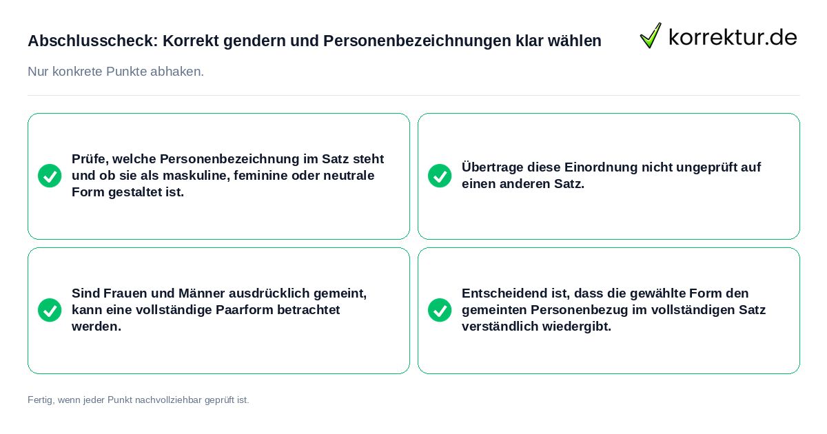 Abschlusscheck: Korrekt gendern und Personenbezeichnungen klar wählen Konkreter Abschlusscheck zu Korrekt gendern und Personenbezeichnungen klar wählen