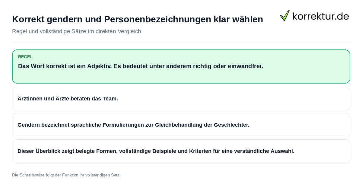 Korrekt gendern und Personenbezeichnungen klar wählen Konkrete Regel und vollständige Beispielsätze zu Korrekt gendern und Personenbezeichnungen klar