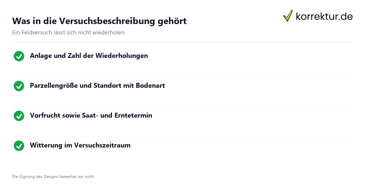 agrarwissenschaftliche arbeiten: Was in die Versuchsbeschreibung gehört agrarwissenschaftliche arbeiten: Agrarwissenschaft: Angaben zum Feldversuch