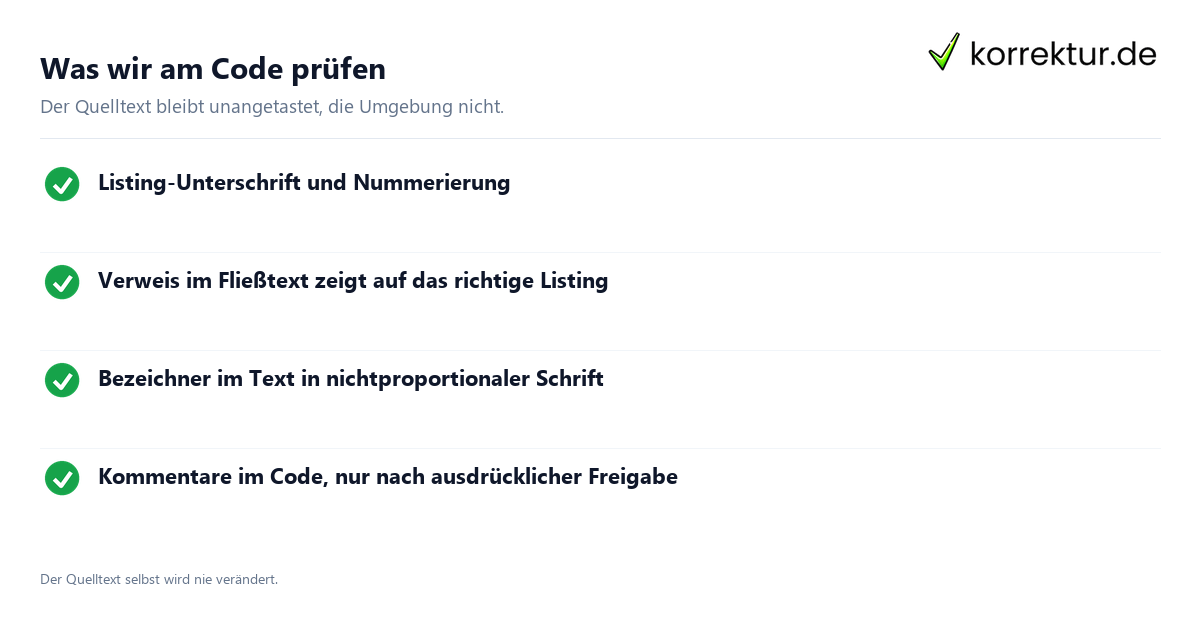 Was wir am Code prüfen Informatik-Lektorat: geprüfte Elemente rund um Codelistings