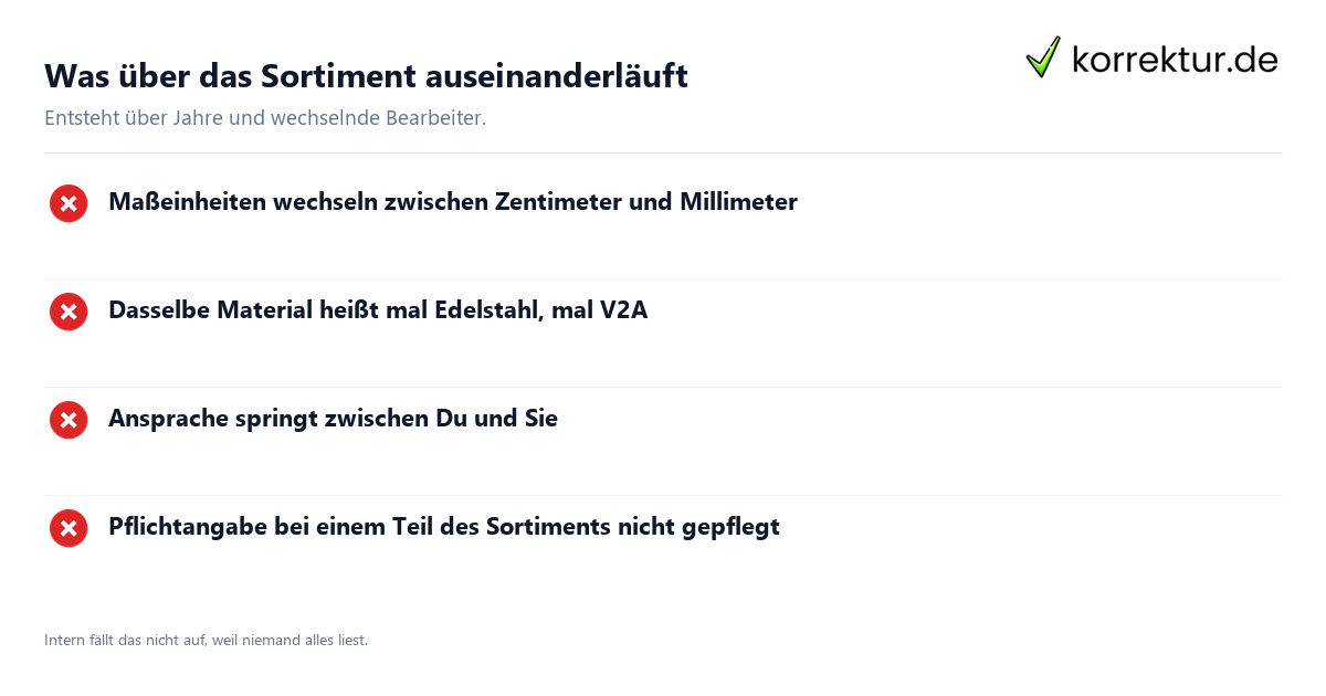 Was über das Sortiment auseinanderläuft Produkttexte korrekturlesen: typische Inkonsistenzen