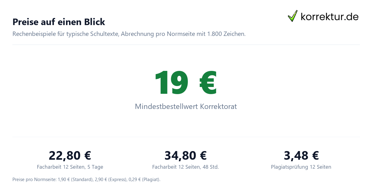 Preise auf einen Blick Korrekturlesen für Schüler: Preise für Facharbeit, Referat und Bewerbung