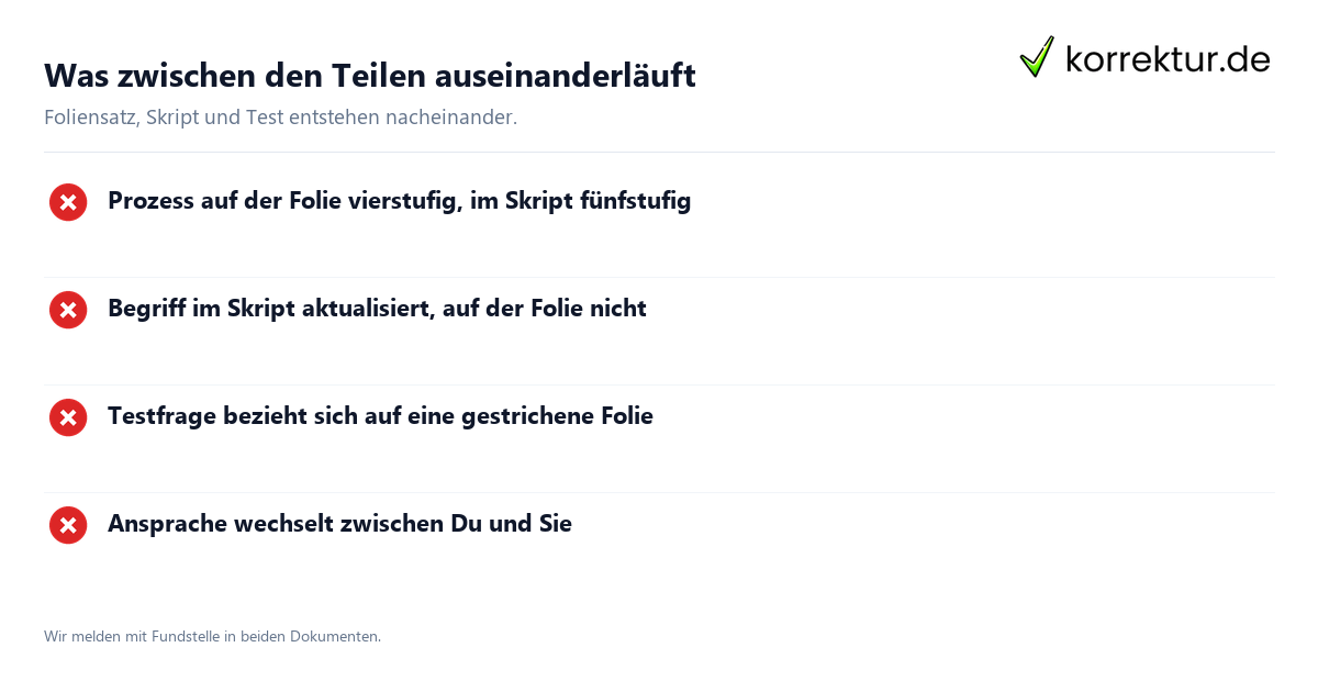 Was zwischen den Teilen auseinanderläuft Schulungsunterlagen: Abweichungen zwischen den Teilen