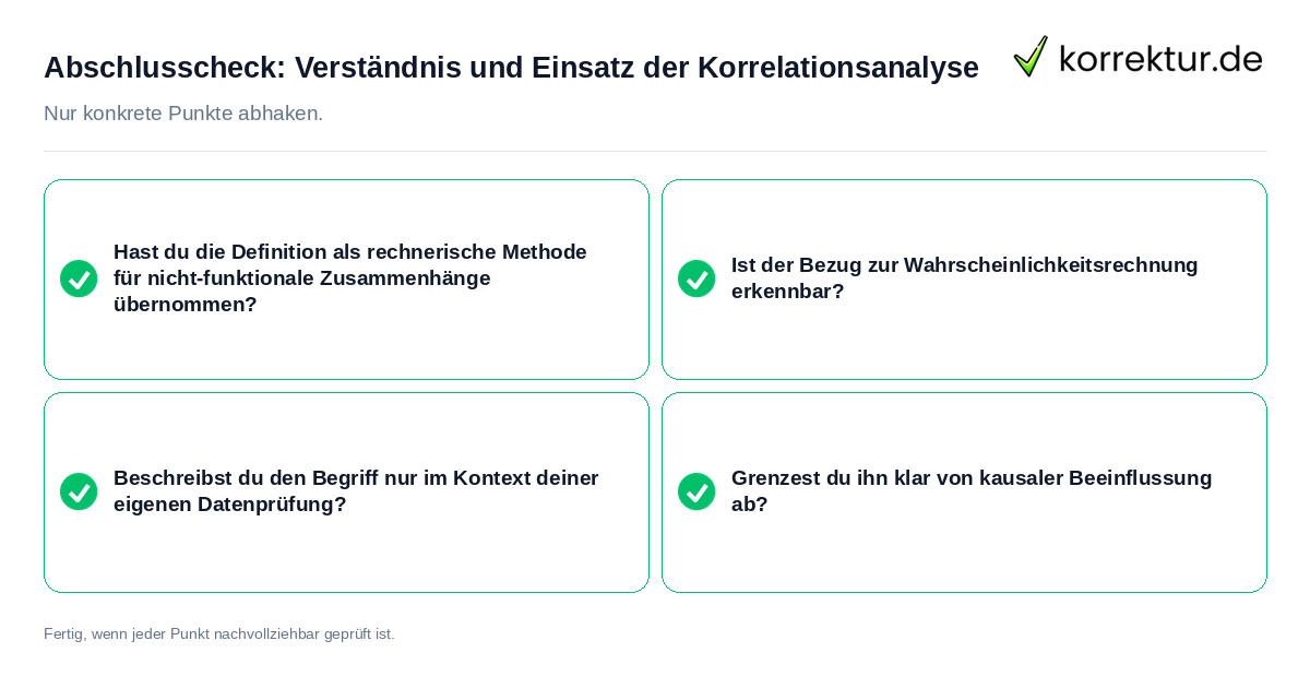 Konkreter Abschlusscheck zu Verständnis und Einsatz der Korrelationsanalyse