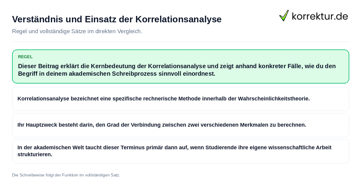 Konkrete Regel und vollständige Beispielsätze zu Verständnis und Einsatz der Korrelationsanalyse