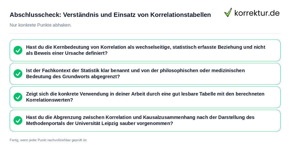 Konkreter Abschlusscheck zu Verständnis und Einsatz von Korrelationstabellen