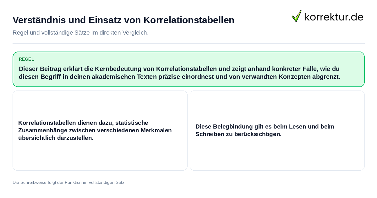 Konkrete Regel und vollständige Beispielsätze zu Verständnis und Einsatz von Korrelationstabellen