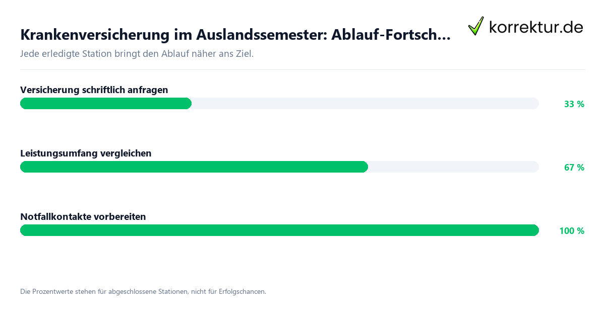 Fortschrittsbalken für die einzelnen Ablaufstationen zu Krankenversicherung im Auslandssemester