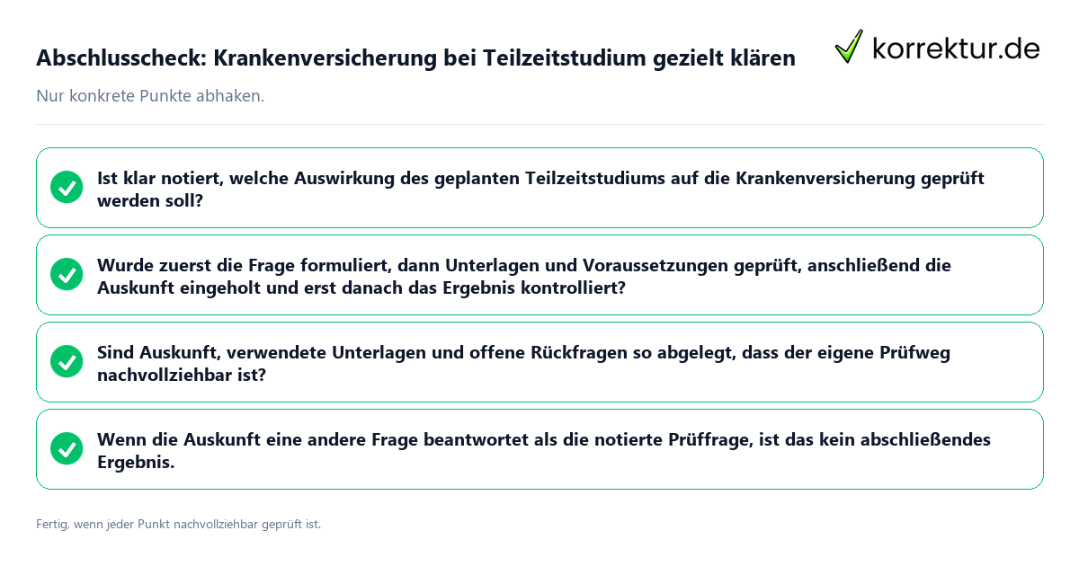 Abschlusscheck: Krankenversicherung bei Teilzeitstudium gezielt klären Konkreter Abschlusscheck zu Krankenversicherung bei Teilzeitstudium gezielt klären