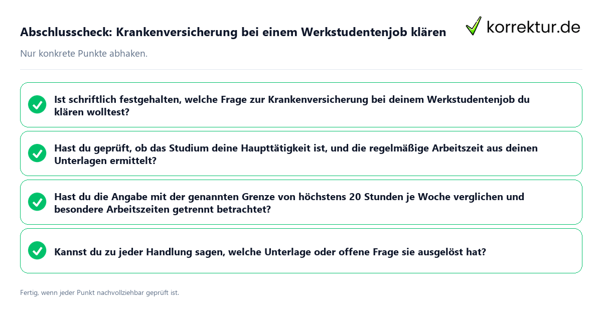 Konkreter Abschlusscheck zu Krankenversicherung bei einem Werkstudentenjob klären