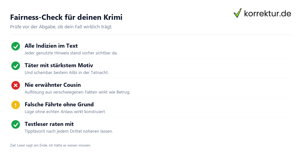 Fairness-Check für deinen Krimi Krimi schreiben Checkliste: faire Hinweise und falsche Fährten