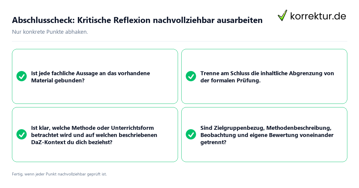 Konkreter Abschlusscheck zu Kritische Reflexion nachvollziehbar ausarbeiten