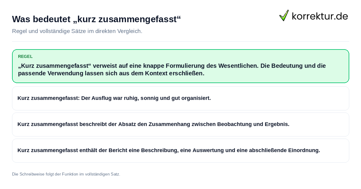Konkrete Regel und vollständige Beispielsätze zu Was bedeutet „kurz zusammengefasst“