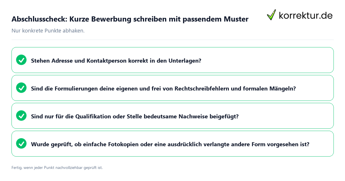 Abschlusscheck: Kurze Bewerbung schreiben mit passendem Muster Konkreter Abschlusscheck zu Kurze Bewerbung schreiben mit passendem Muster