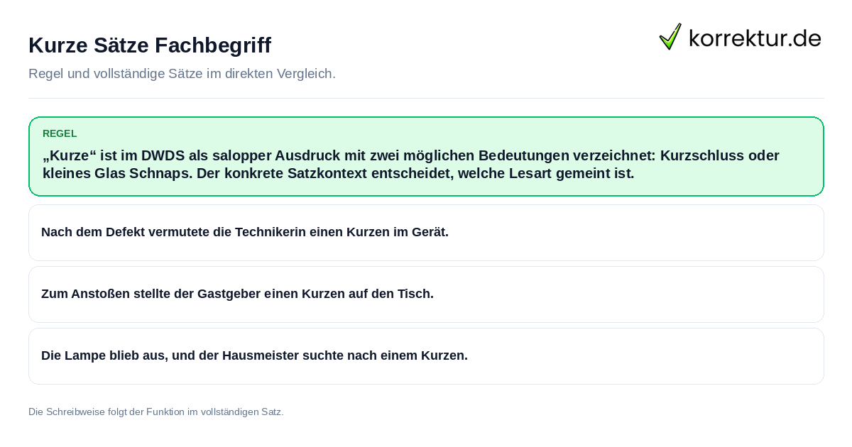 Konkrete Regel und vollständige Beispielsätze zu Kurze Sätze Fachbegriff