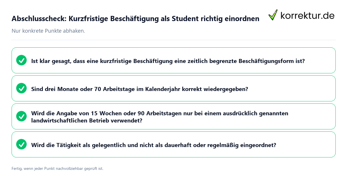 Abschlusscheck: Kurzfristige Beschäftigung als Student richtig einordnen Konkreter Abschlusscheck zu Kurzfristige Beschäftigung als Student richtig einordnen