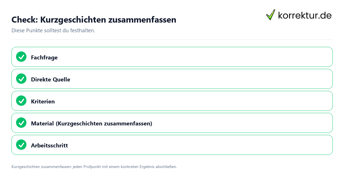 Check: Kurzgeschichten zusammenfassen Kurzgeschichten zusammenfassen mit einer themenspezifischen Checkliste