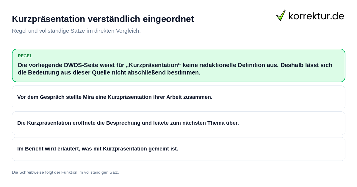Kurzpräsentation verständlich eingeordnet Konkrete Regel und vollständige Beispielsätze zu Kurzpräsentation verständlich eingeordnet