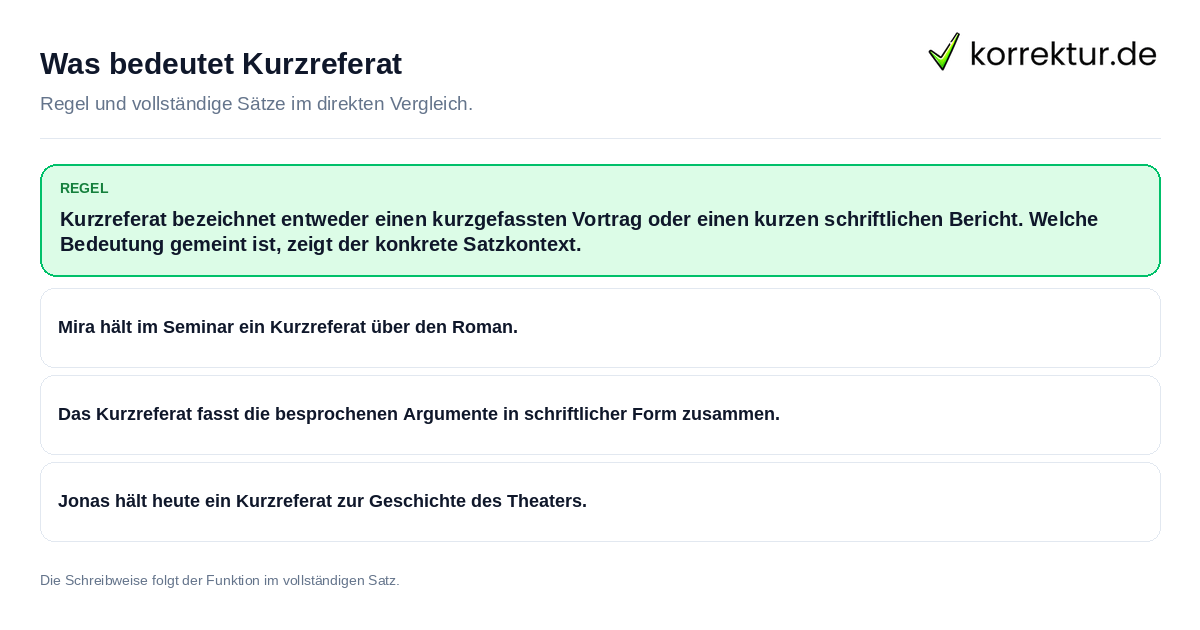 Konkrete Regel und vollständige Beispielsätze zu Was bedeutet Kurzreferat