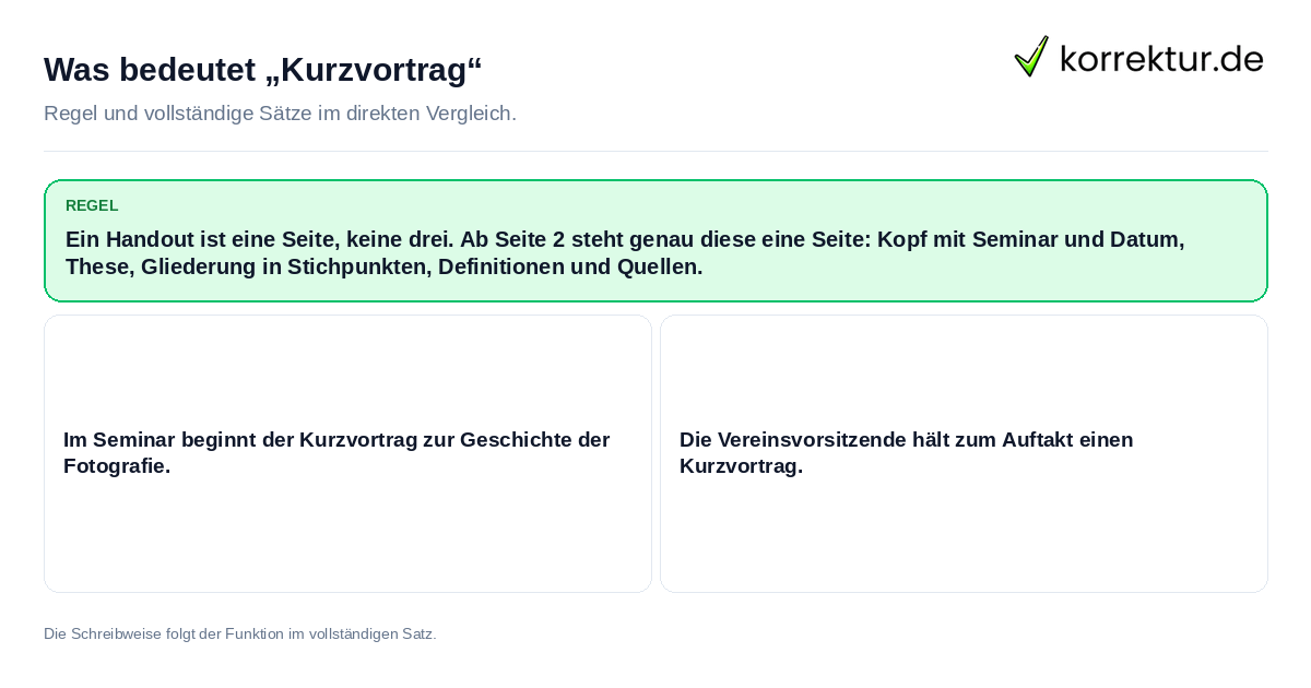 Konkrete Regel und vollständige Beispielsätze zu Was bedeutet „Kurzvortrag“