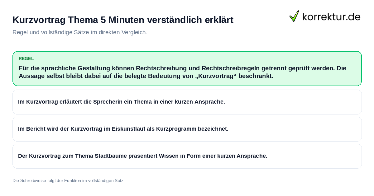Kurzvortrag Thema 5 Minuten verständlich erklärt Konkrete Regel und vollständige Beispielsätze zu Kurzvortrag Thema 5 Minuten verständlich erklärt